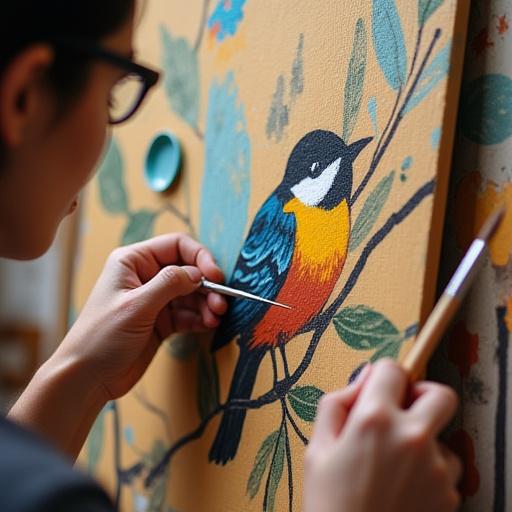 Artisan hand-painting bird wall art