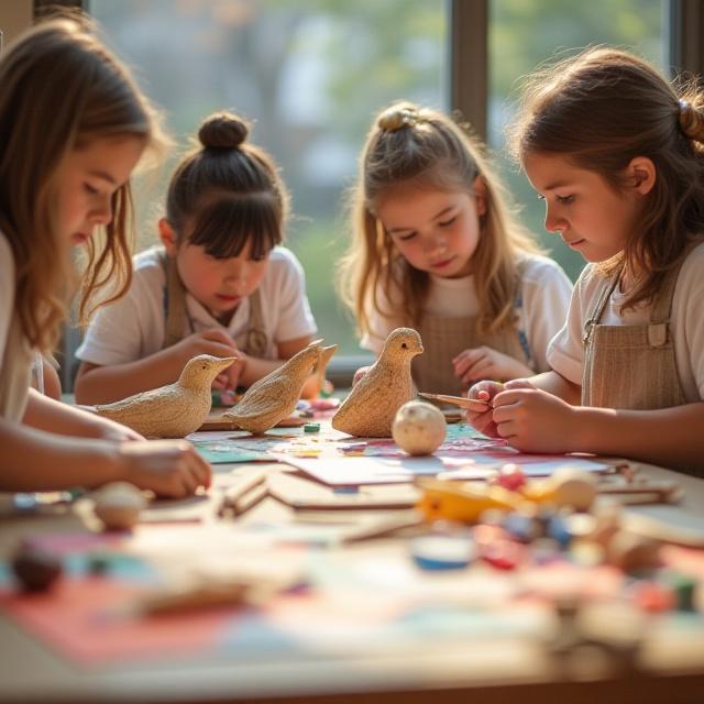 Craft school students creating bird motif projects
