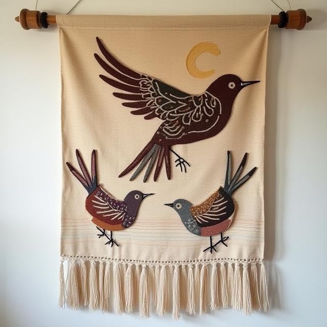Handwoven textile bird wall hanging